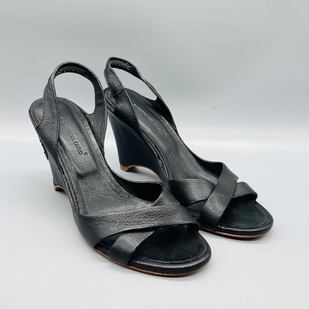 Roberto Del Carlo Sandals Womens 6.5 Black Leather Slingback Wedge Heel Shoes - Picture 2 of 11